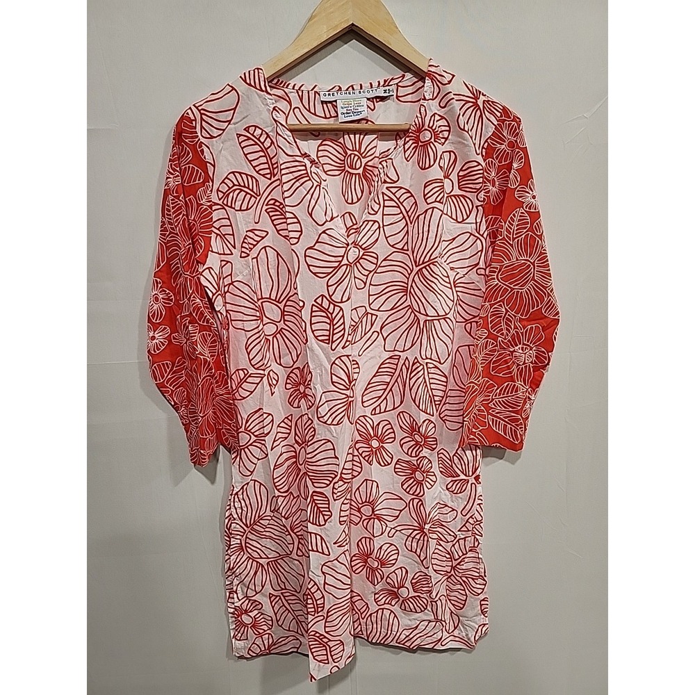 Gretchen Scott Tunic Coverup Dress Womens M White/Orange Floral Print, V-neck